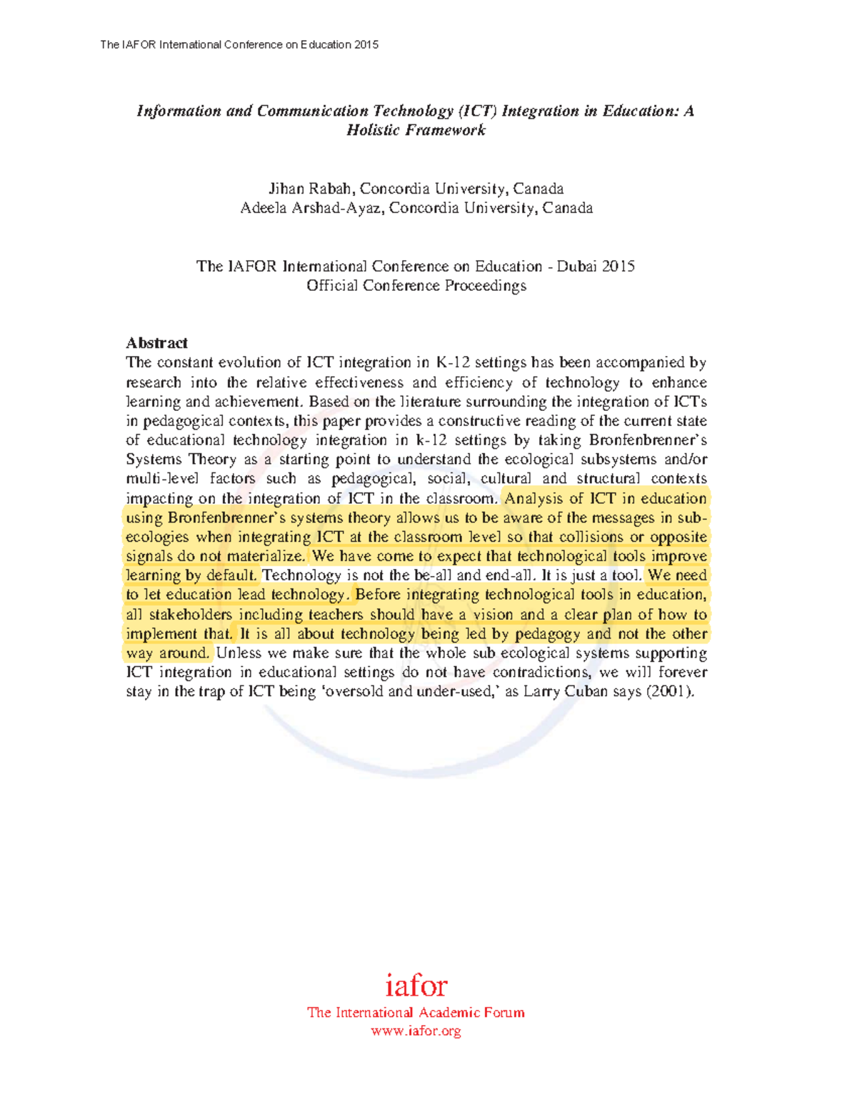 Integration in Education A Holistic Framework (article) -Lesson 7 ...
