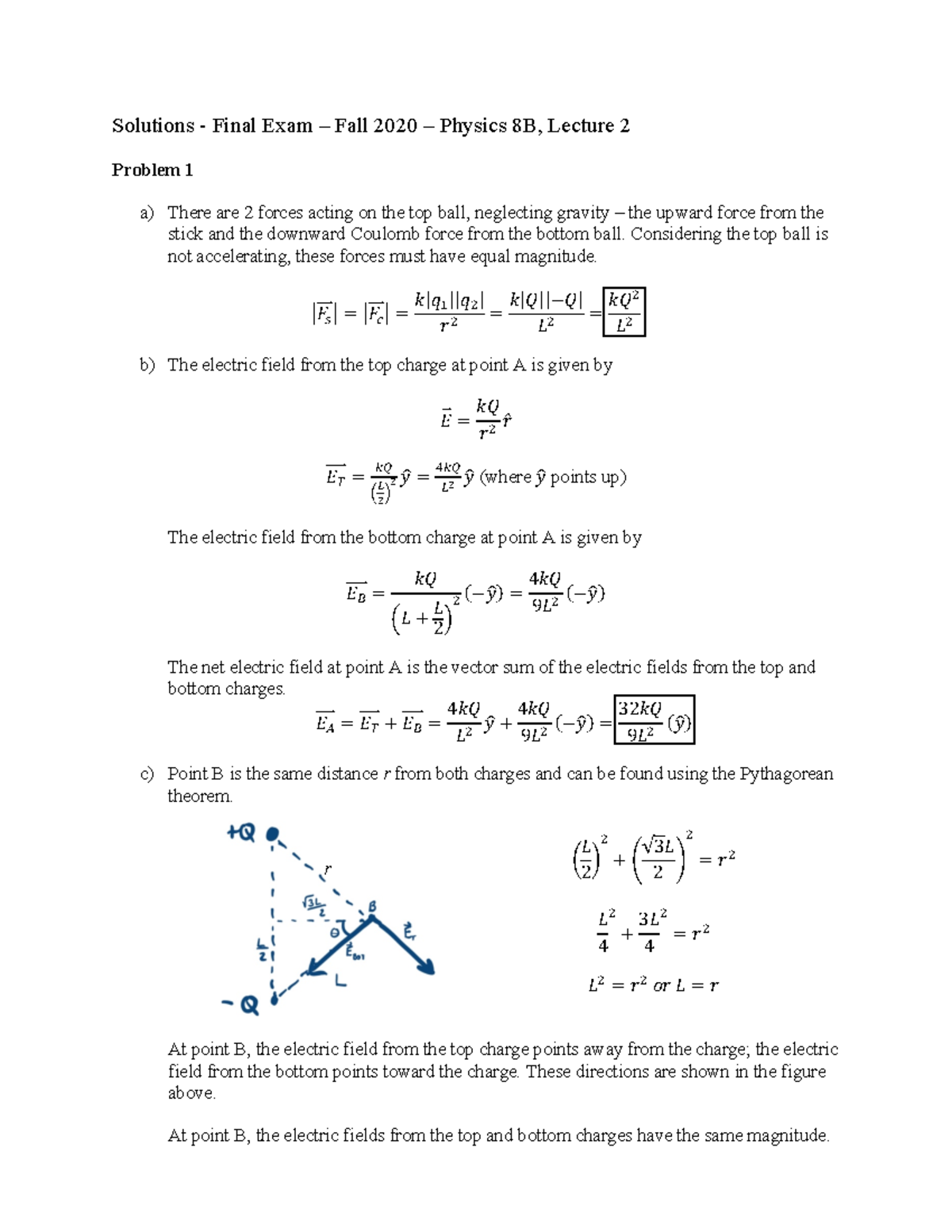 Physics 8B Stahler Fall 2020 Final Exam solutions - Solutions - Final ...