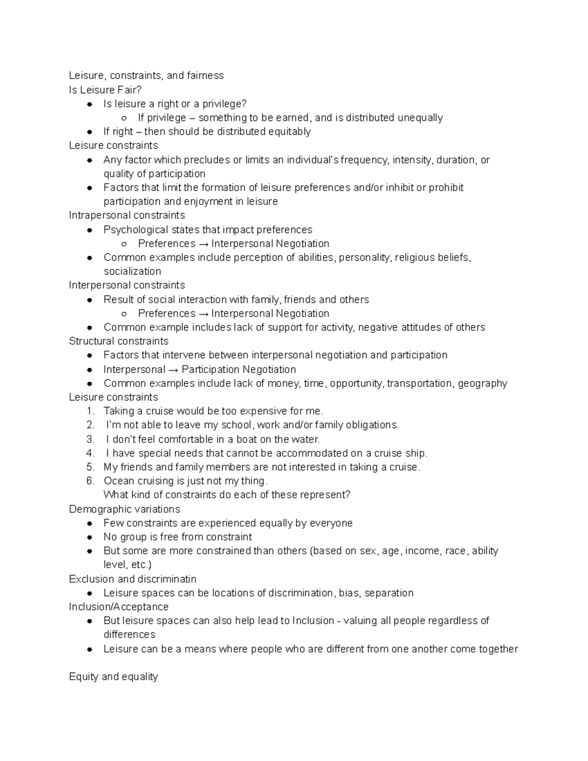 Week 7 - leisure, constraints, and fairness - Leisure, constraints, and ...