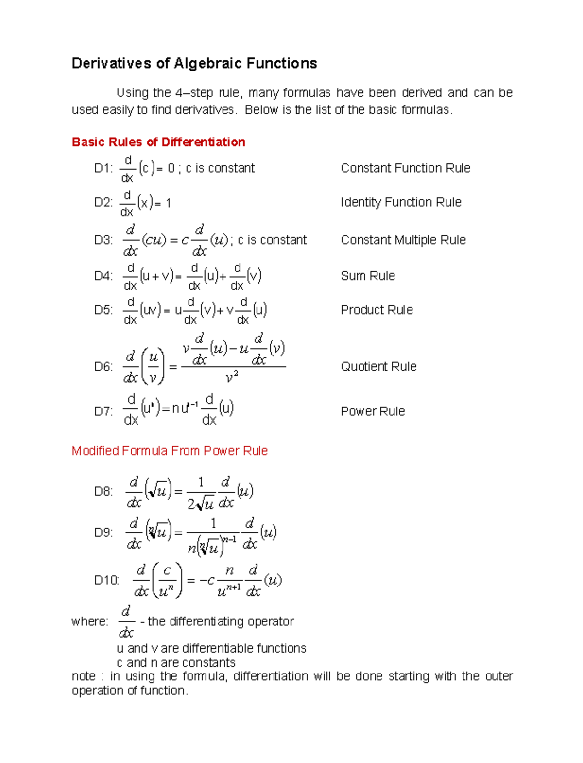 Derivatives Of Algebraic Functions By Differentiation Formula 