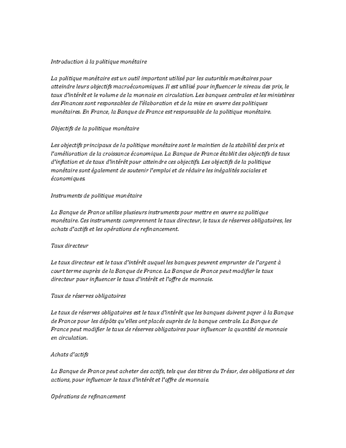 Monetary Policy note study - Introduction à la politique monétaire La ...