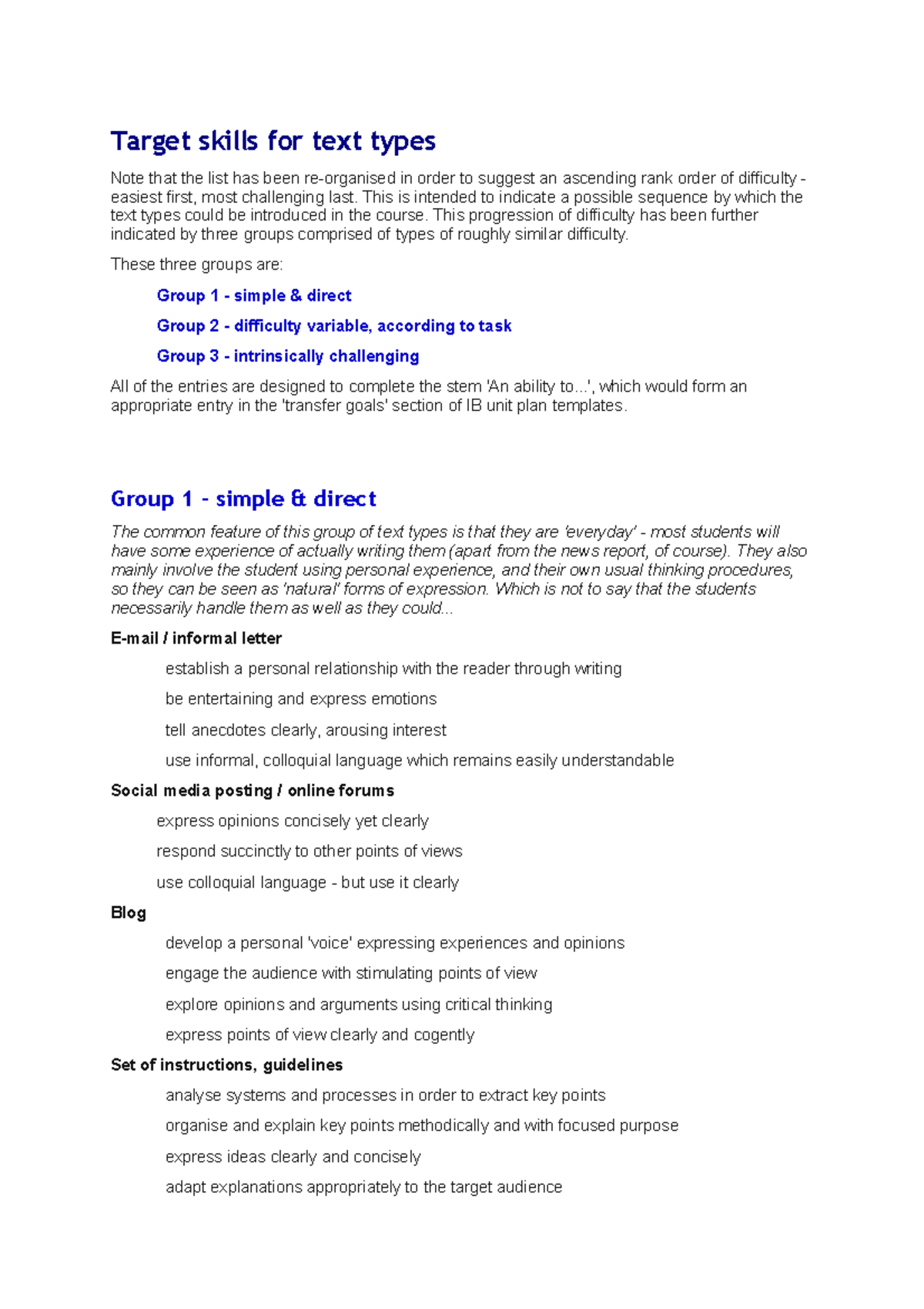 IBDP English B Analysis - Target Skills For Text Types Note That The ...