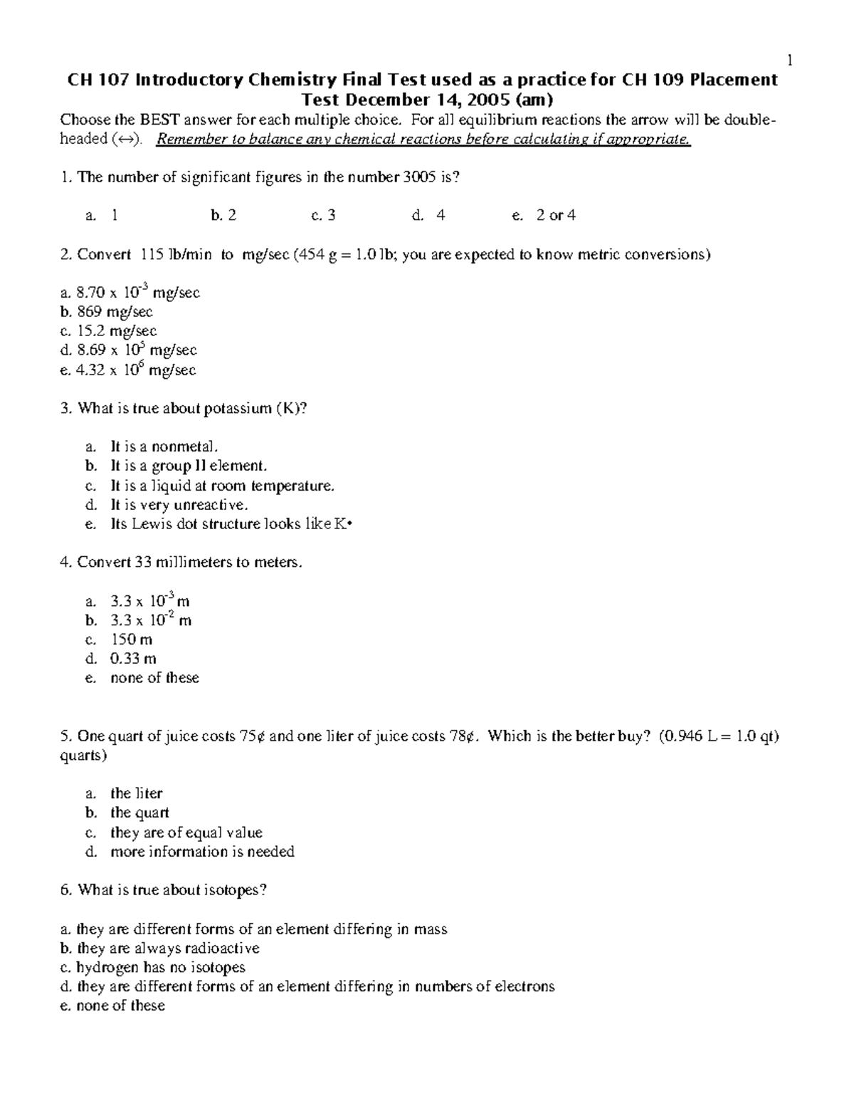 Practice CH 109 Placement Test - CH 107 Introductory Chemistry Final ...