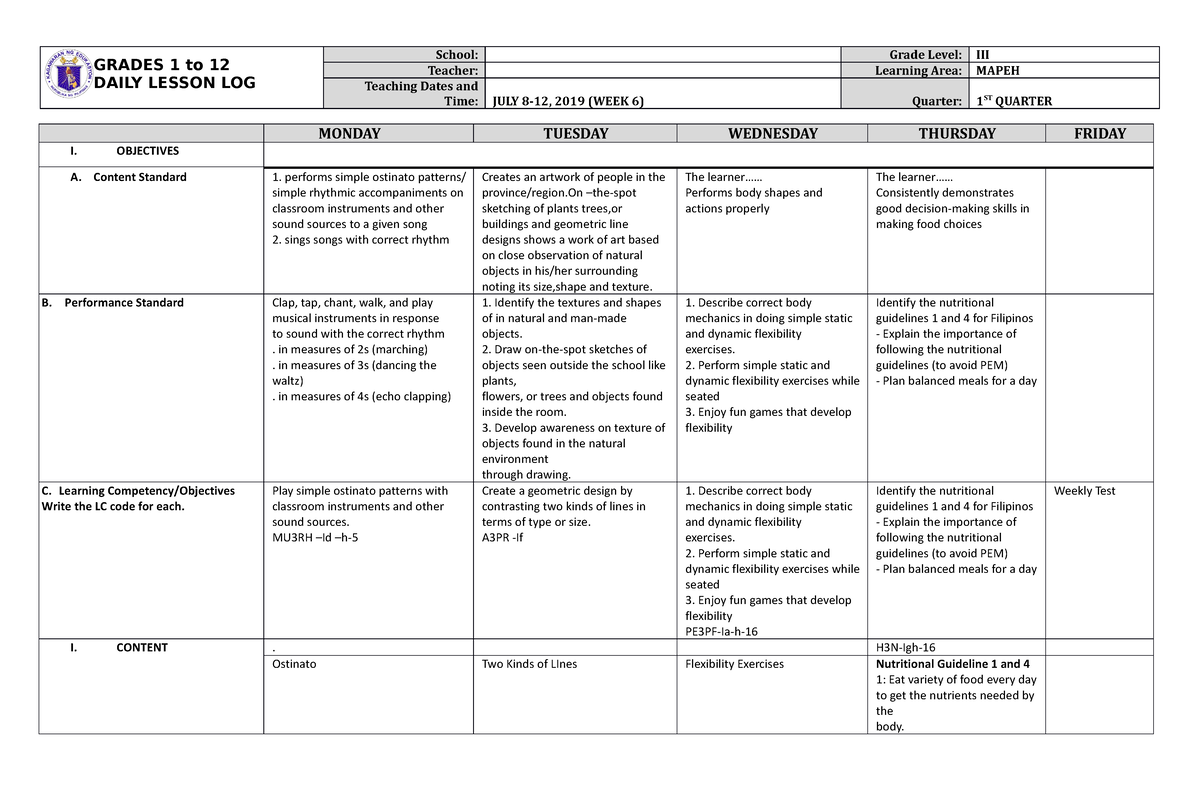 DLL Mapeh 3 Q1 W6 - Thank You In Advance - GRADES 1 To 12 DAILY LESSON ...