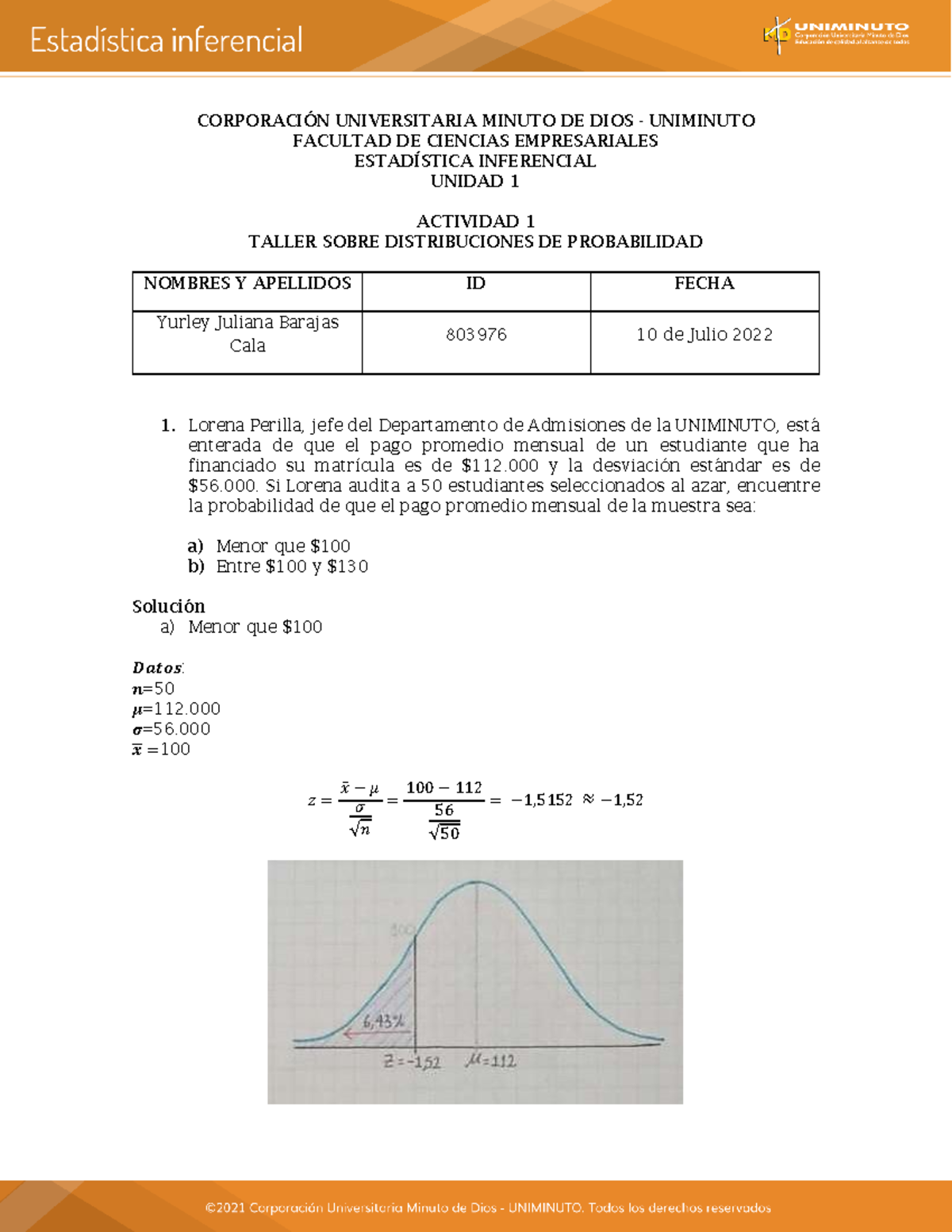 Act 1 Taller Sobre Distribuciones DE Probabilidad - CORPORACI”N ...