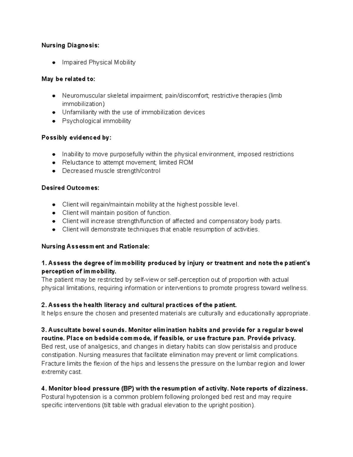 Fracture Care Plan - Med surg care plan - Nursing Diagnosis: Impaired ...