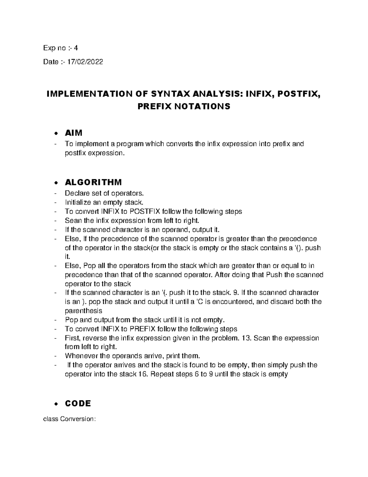 CD4 - IMPLEMENTATION OF SYNTAX ANALYSIS: INFIX, POSTFIX, PREFIX ...