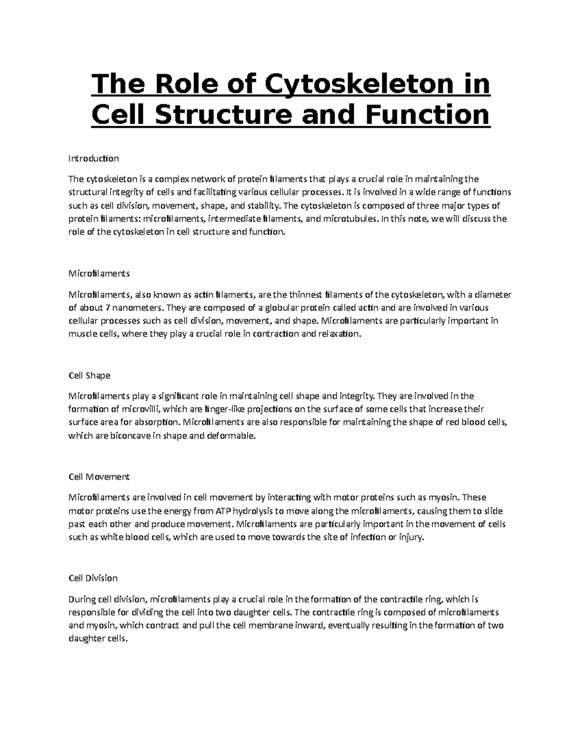 BIOL350034 The Role of Cytoskeleton in Cell Structure and Functio