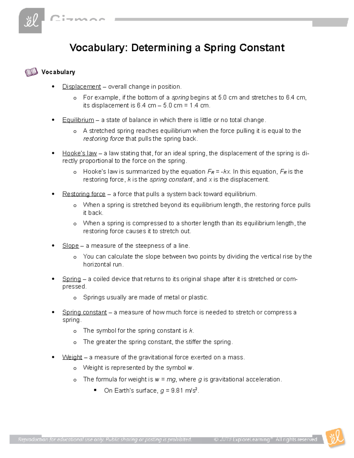 Determining Spring Constant Vocab 2019 Vocabulary Determining a