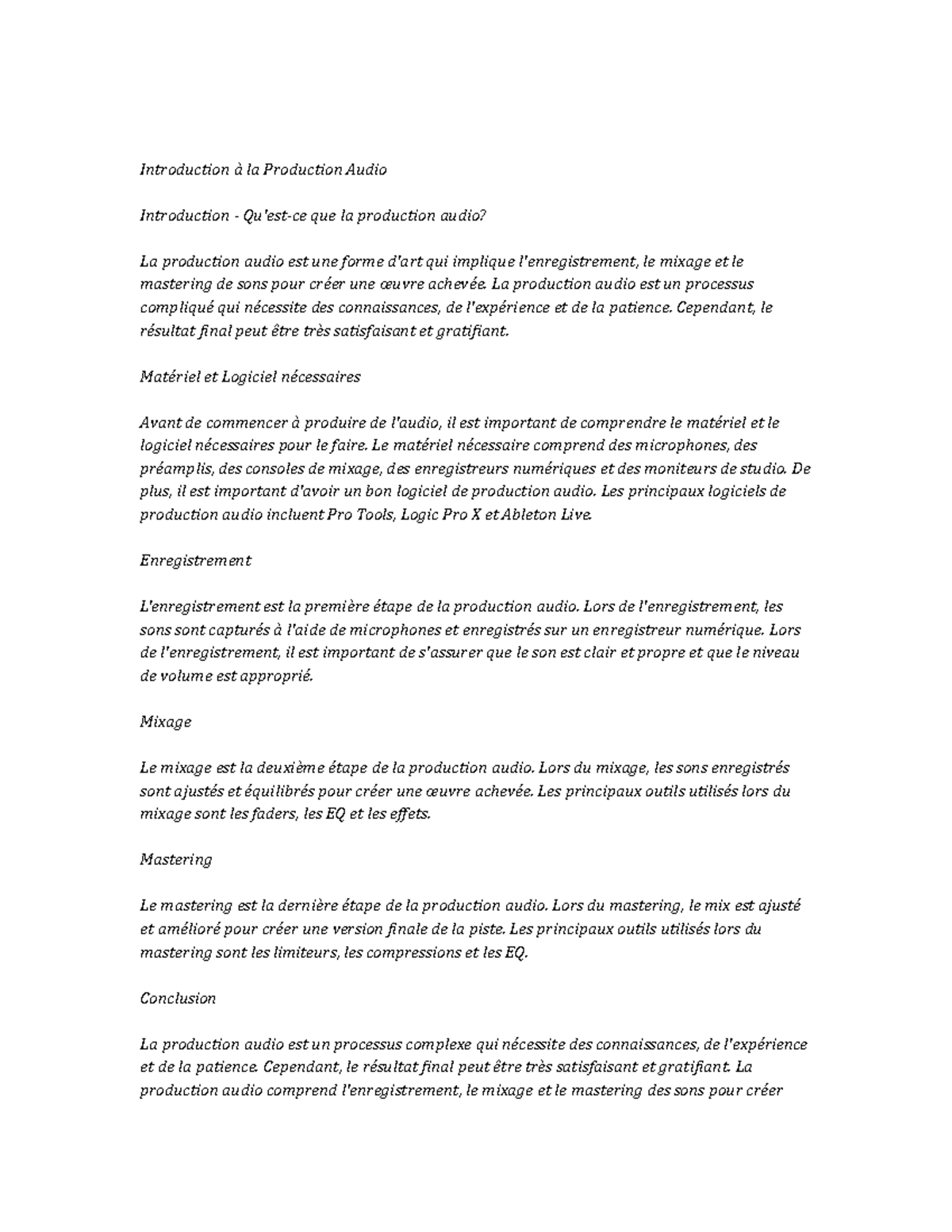 Audio Production Study Notes - Introduction à la Production Audio ...