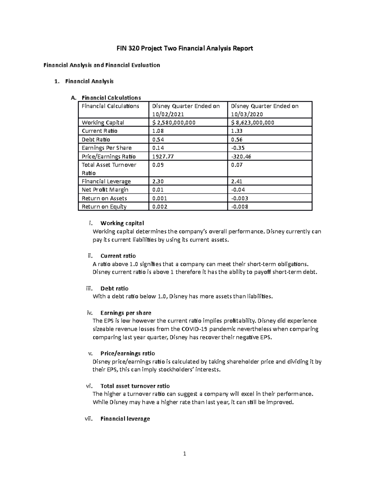 FIN 320 Project Two Financial Analysis Report - Financial Calculations ...