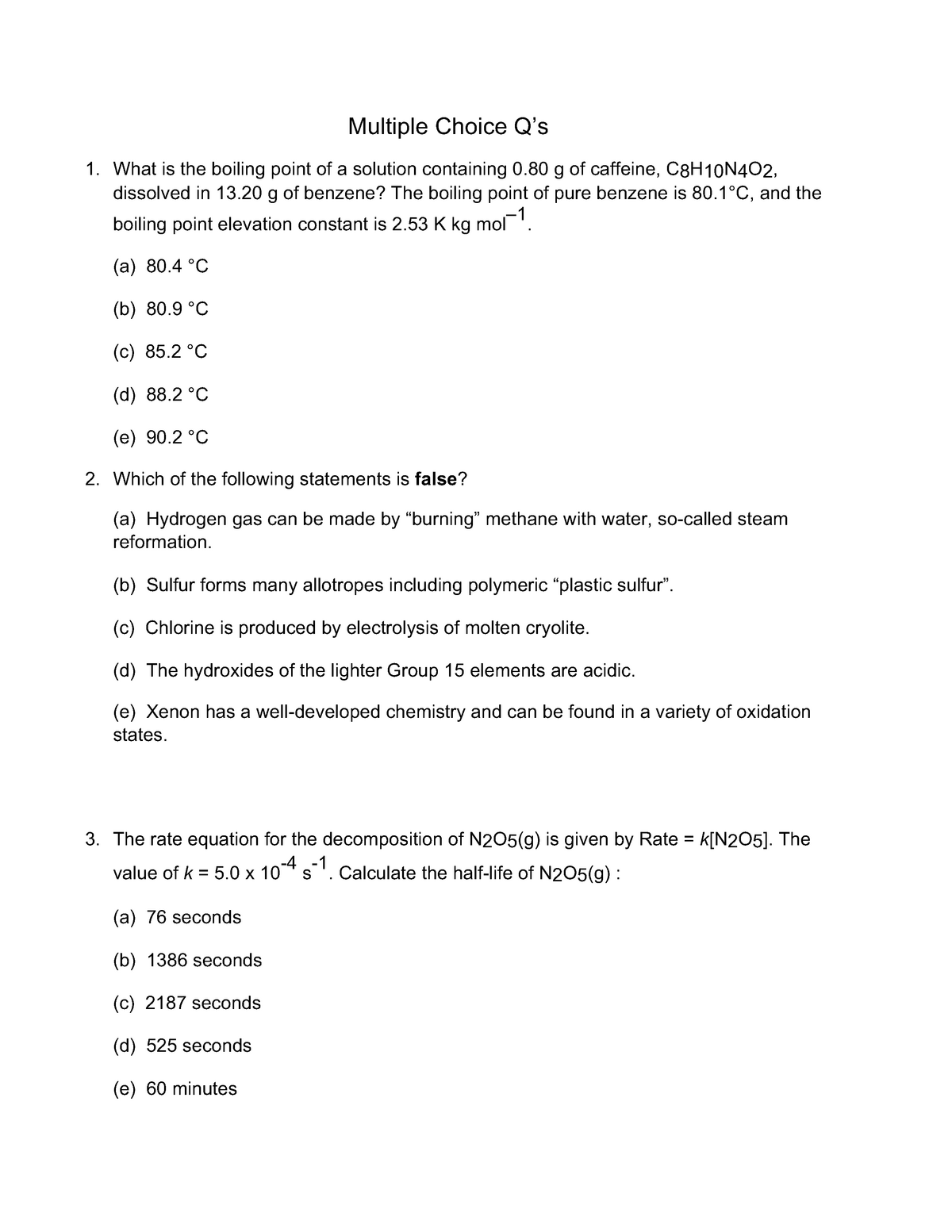 CHEM1001 Worksheet Practice multiple choice questions Multiple