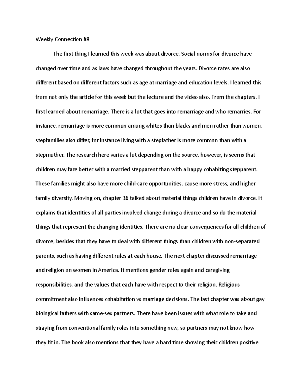 Connection Paper 8 Weekly Connection The first thing I learned this week was about divorce