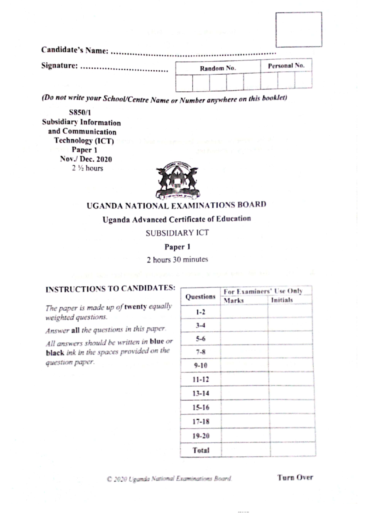 UNEB UACE S850 1 2020 - UNEB ICT past paper - Computer Networking - Studocu