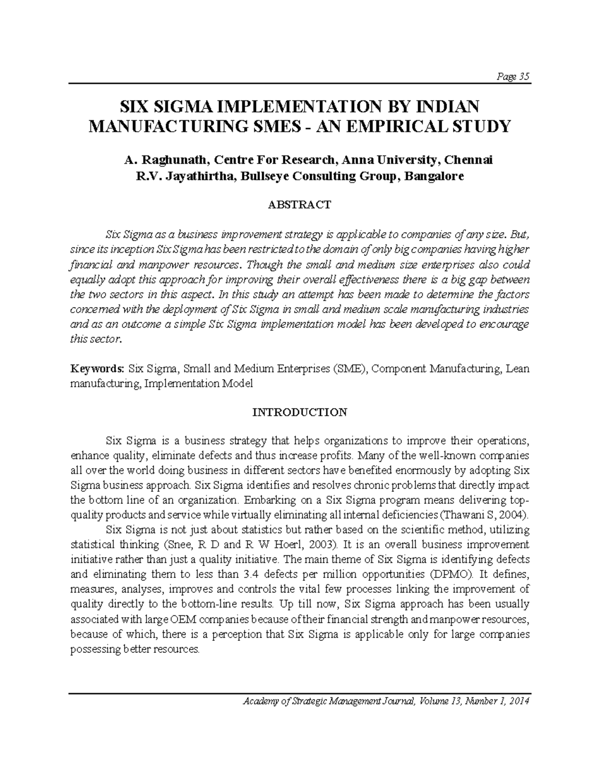 SIX Sigma Implementation BY Indian Manufacturing SMES - AN Empirical ...