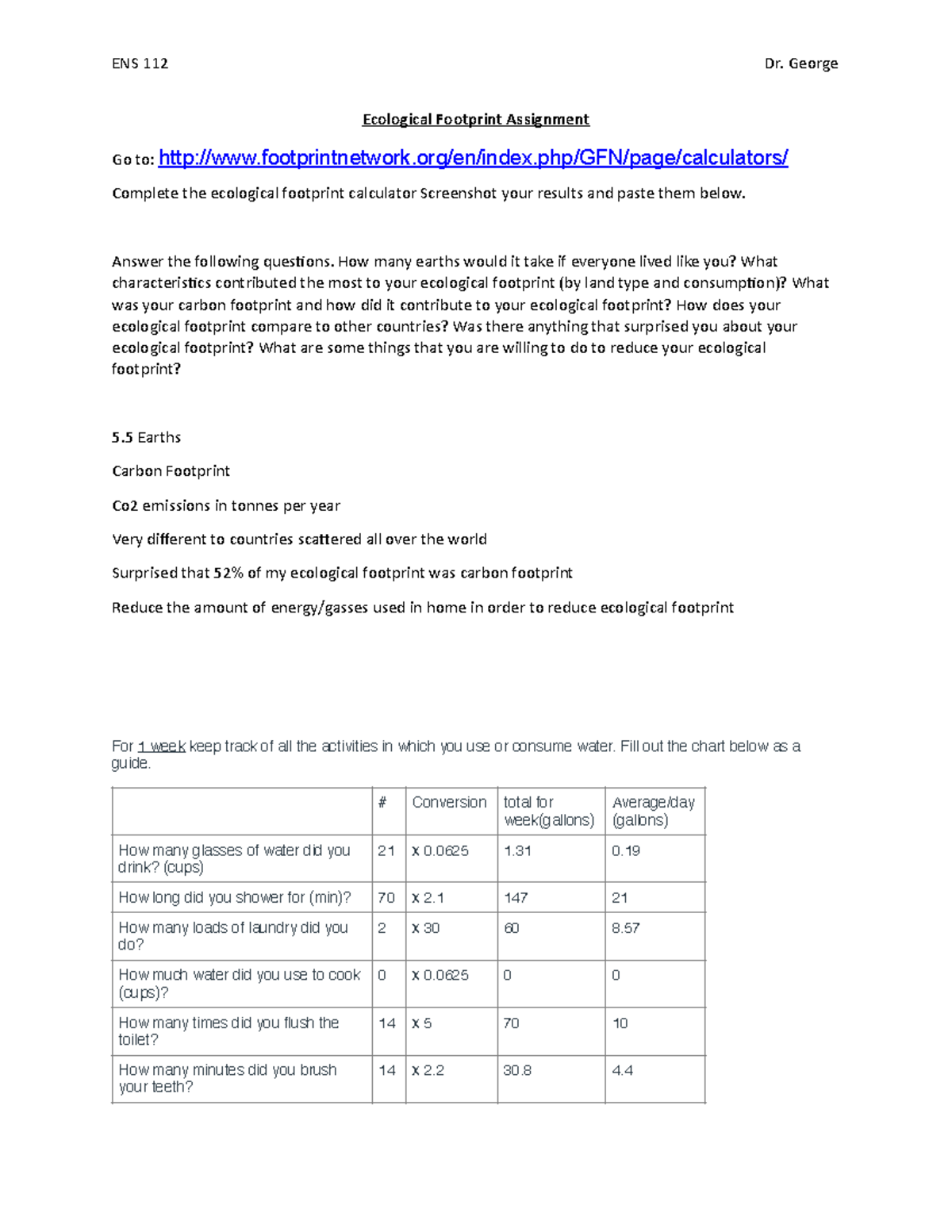 Ecological Footprint Assignment 2 Real - ENS 112 Dr. George Ecological ...