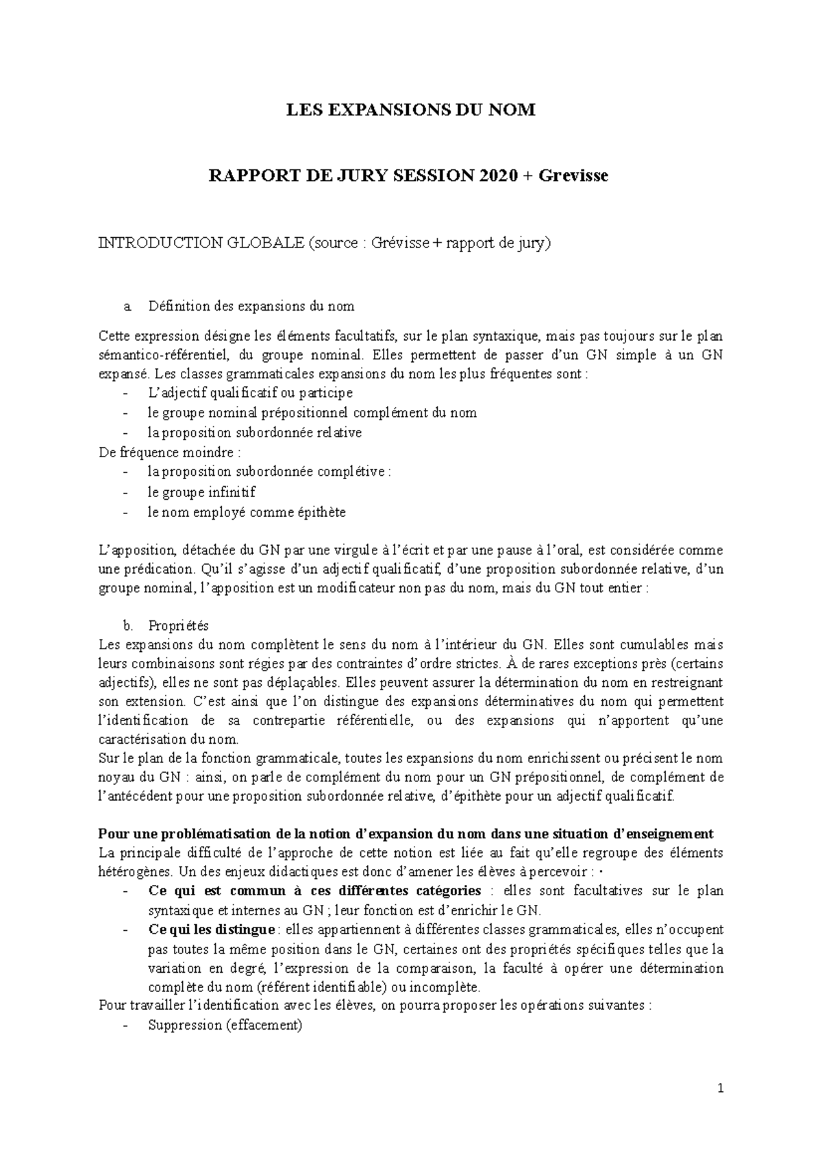 Fiche Expansions Du Nom Les Expansions Du Nom Rapport De Jury Session Grevisse