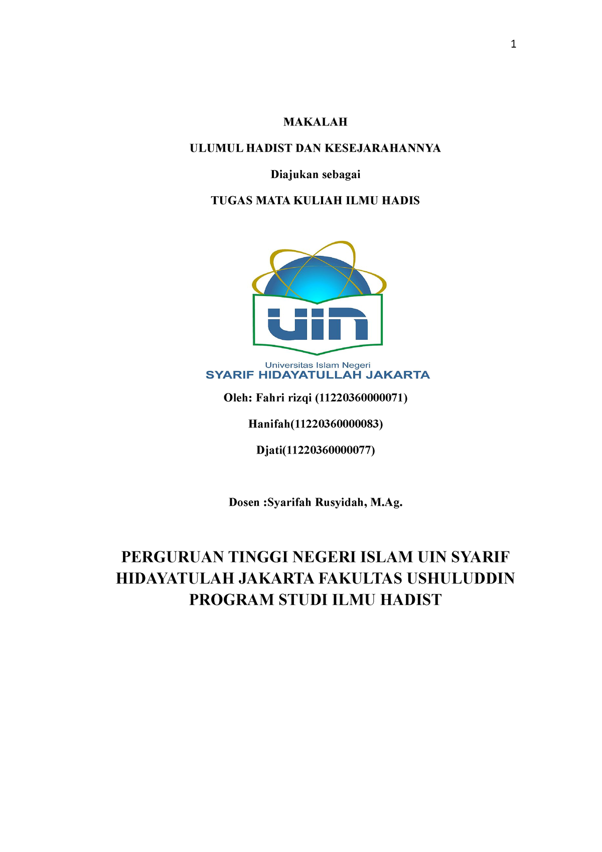 Makalah Pengertian Ulumul Hadist DAN Kesejarahannya MATA Kuliah ...