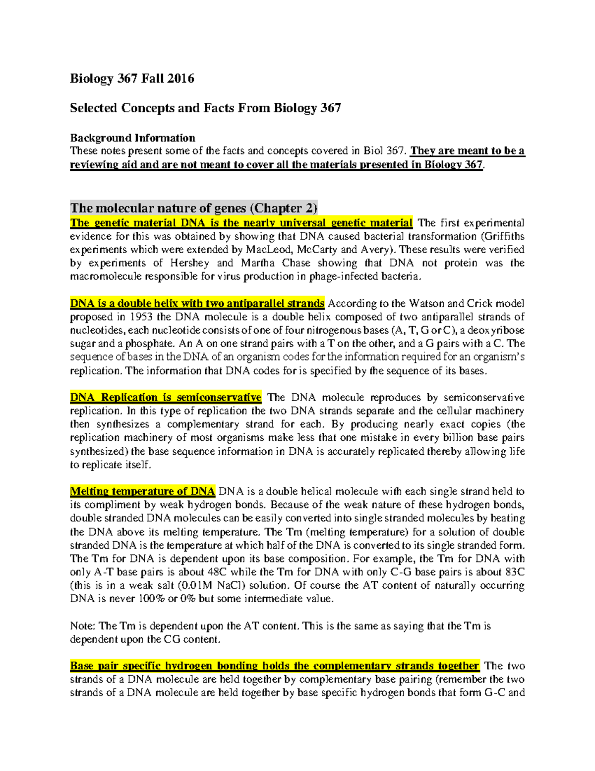 367 notes - Biology 367 Fall 2016 Selected Concepts and Facts From ...