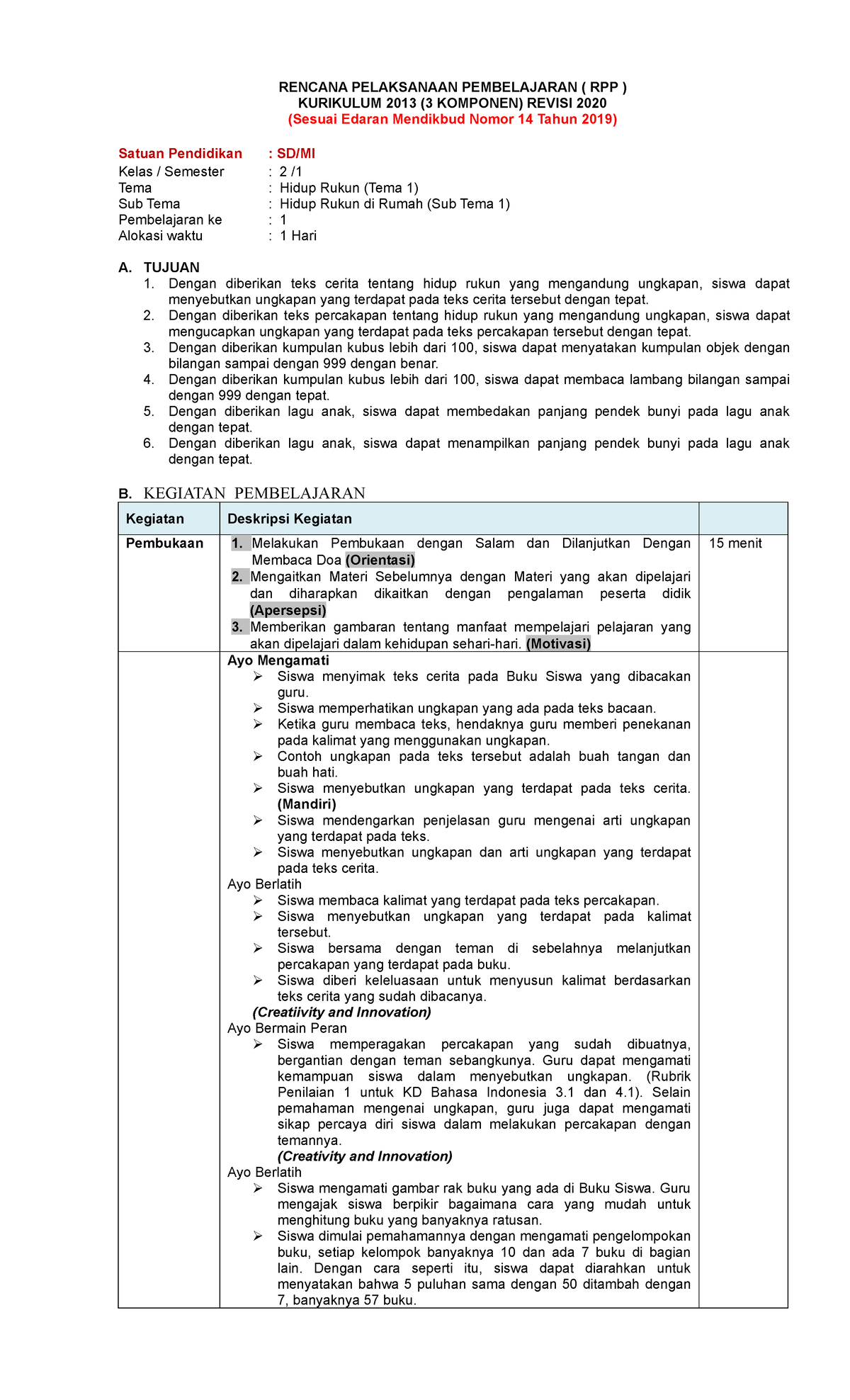 Rpp Kelas 2 - RENCANA PELAKSANAAN PEMBELAJARAN ( RPP ) KURIKULUM 2013 ...