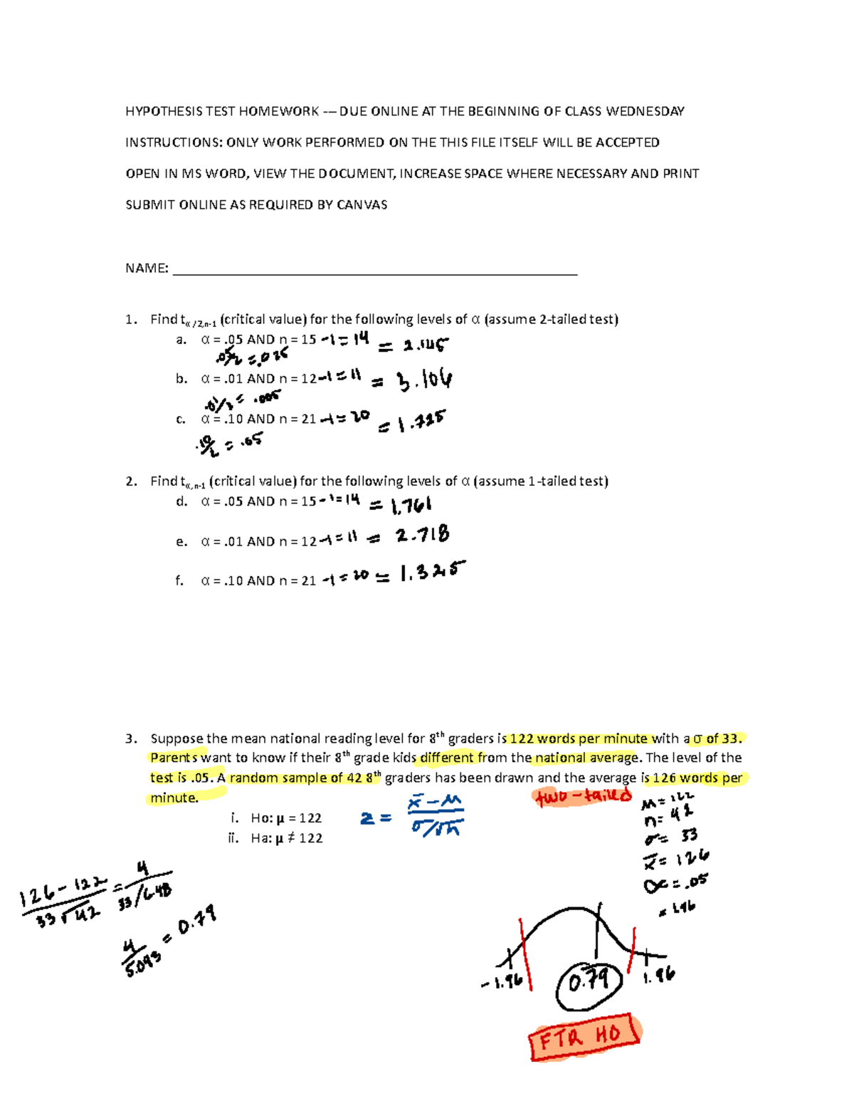 Copy of Hypothesis Test Homework fall 21 - HYPOTHESIS TEST HOMEWORK ...
