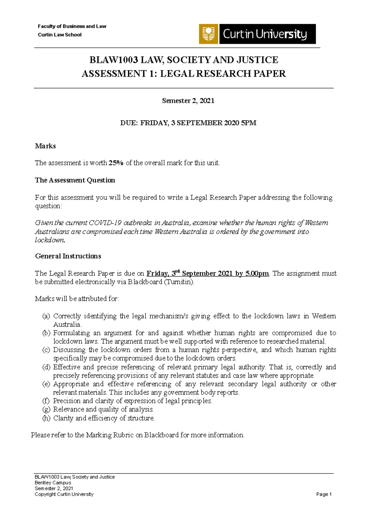 BLAW1003 Legal Research Essay Sem 2 2021 (General and Submission ...