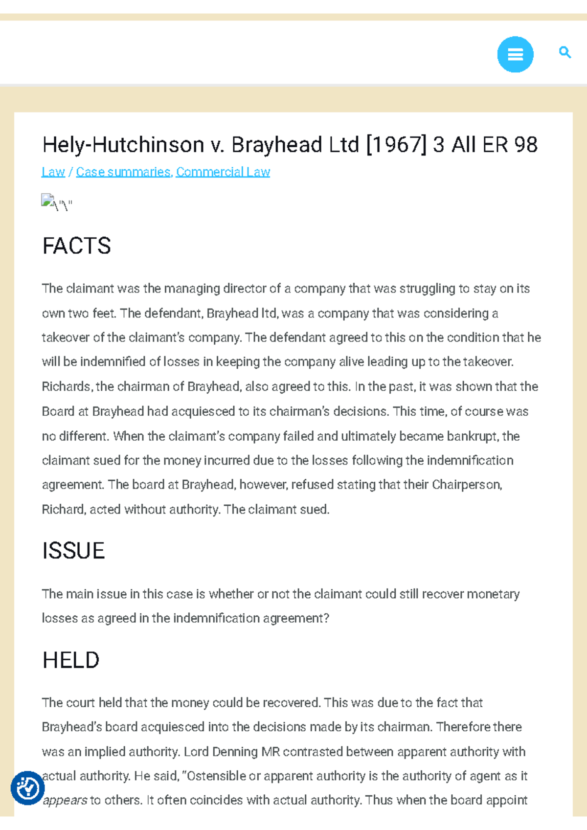 HelyHutchinson v. Brayhead Ltd [1967] 3 All ER 98 Vigilante Scholar