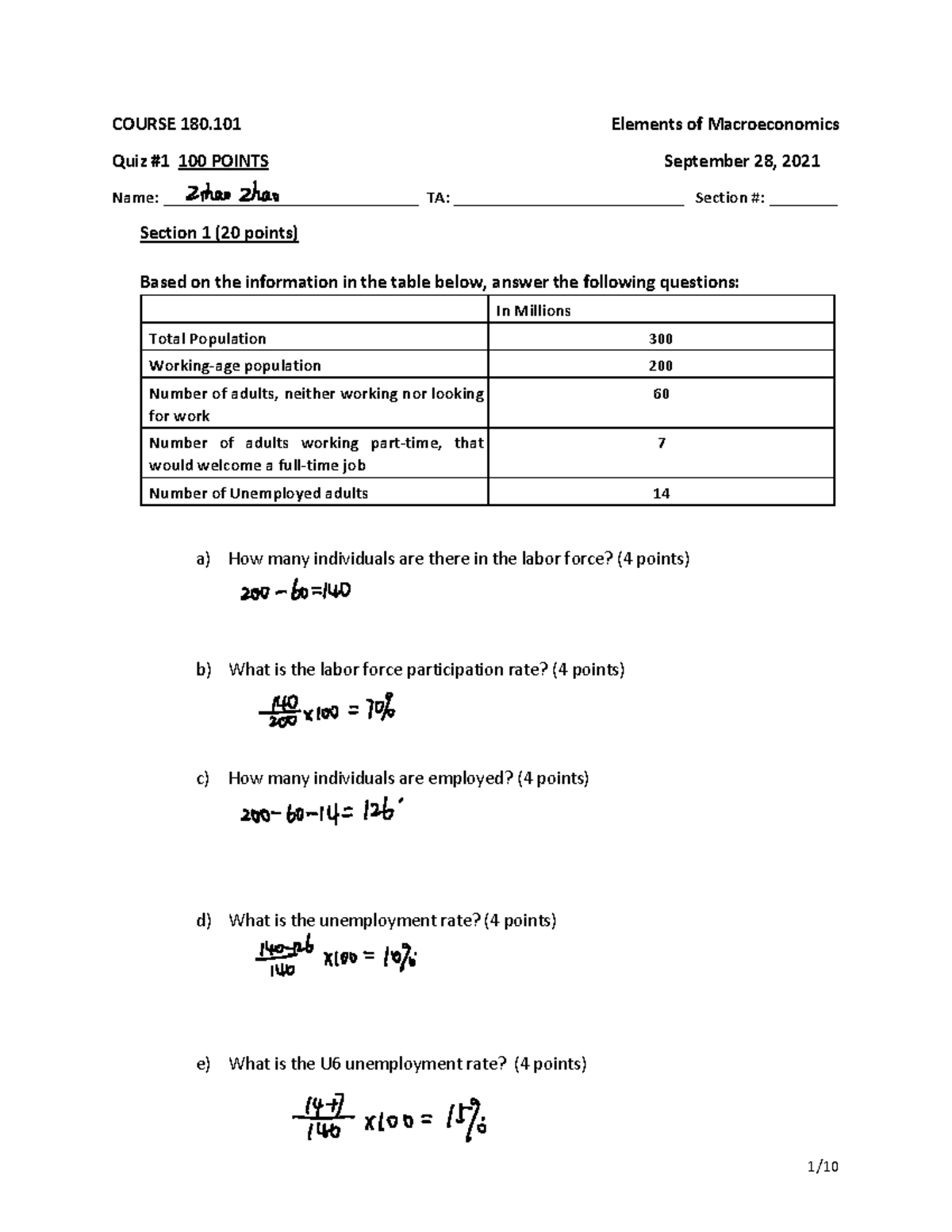 Quiz1-2021 fall elements of macroecomics - COURSE 180 Elements of ...