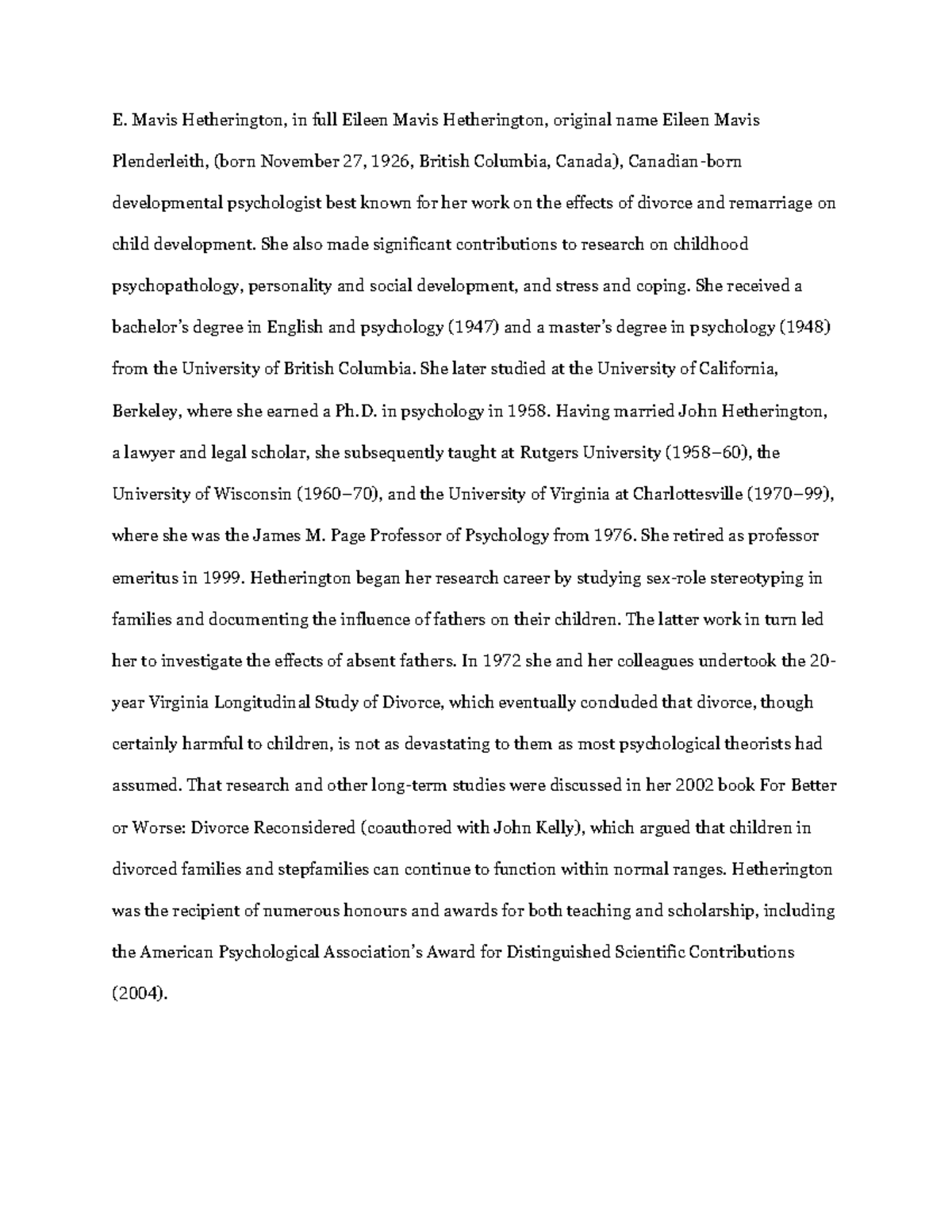 E. Mavis Hetherington - notes - E. Mavis Hetherington, in full Eileen ...