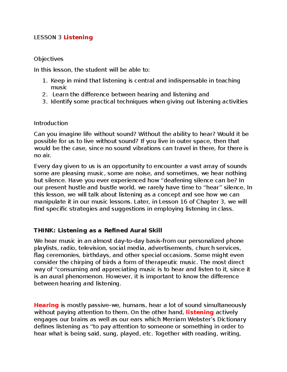 Lesson 3 Listening - LESSON 3 Listening Objectives In this lesson, the ...