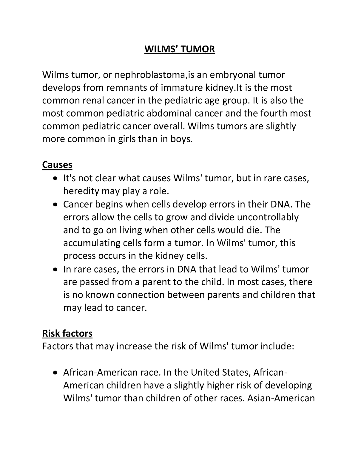 room assignment following removal of wilms tumor