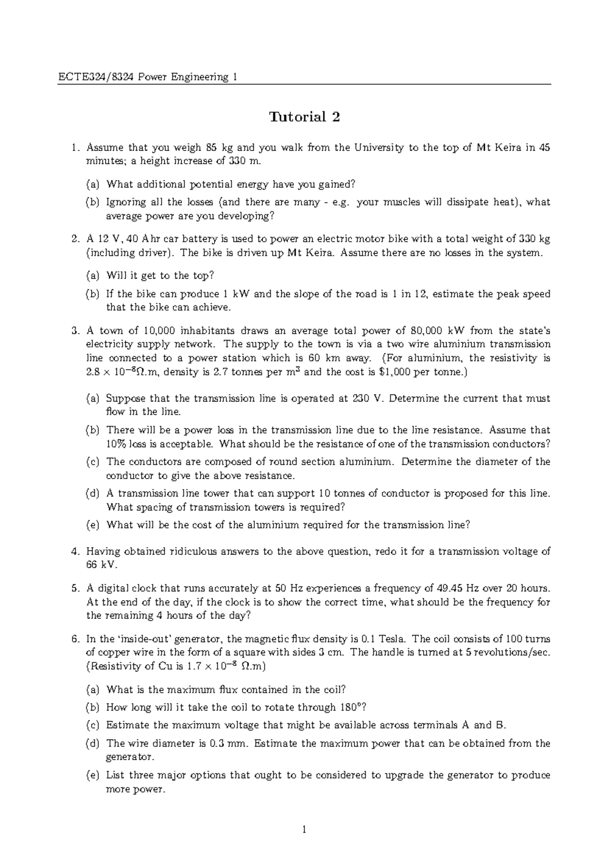 ECTE324 Tutorial Questions Week 2 - ECTE324/8324 Power Engineering 1 ...