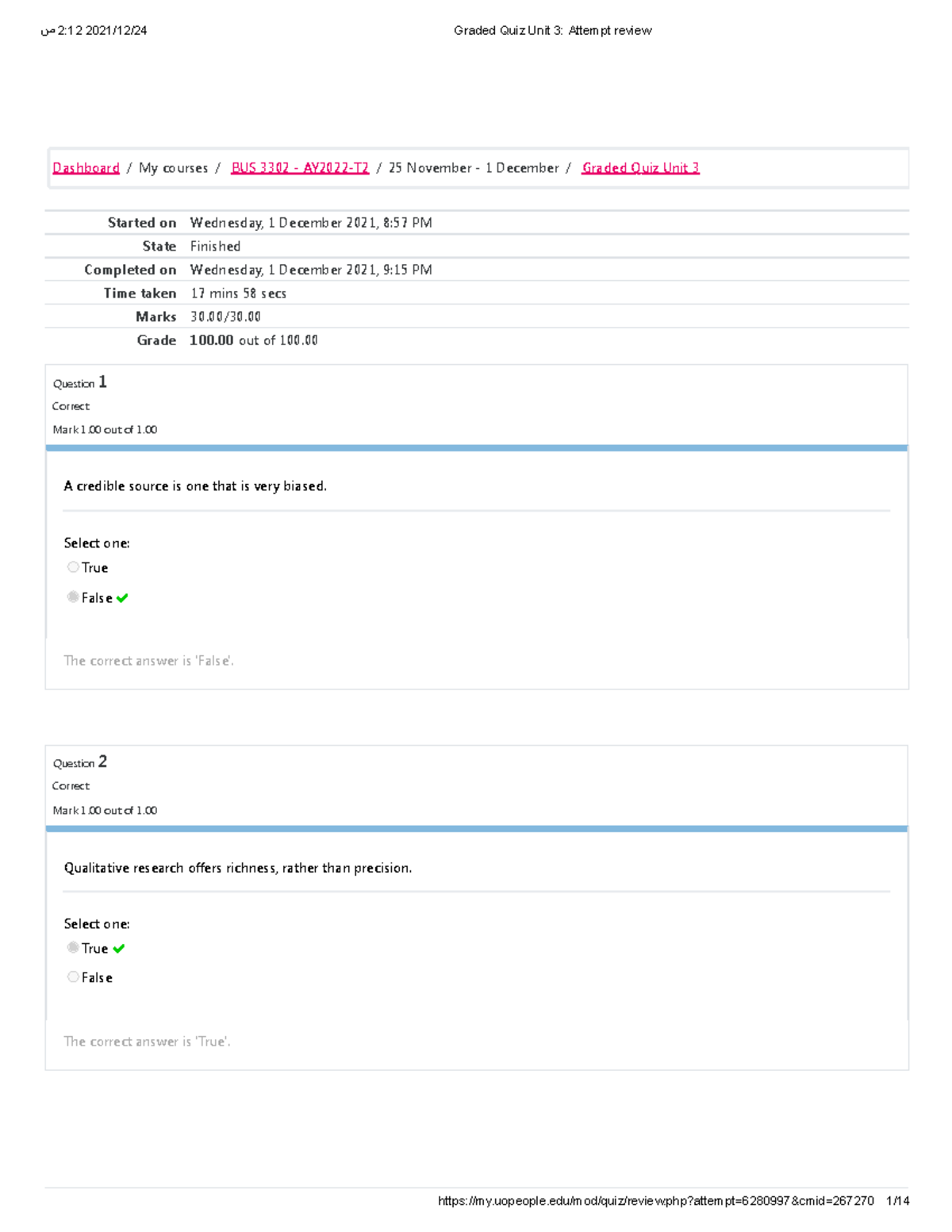 Graded Quiz Unit 3 Attempt review xsdcsd - BUS 4406 - UoPeople - Studocu