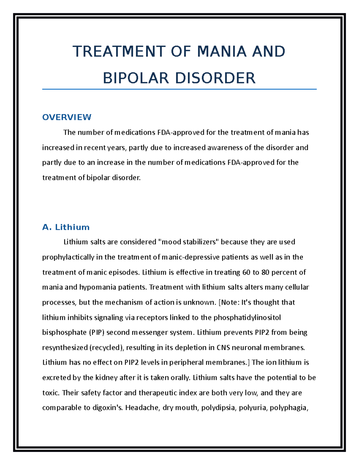 Mania AND Bipolar Disorder Treatment - TREATMENT OF MANIA AND BIPOLAR ...