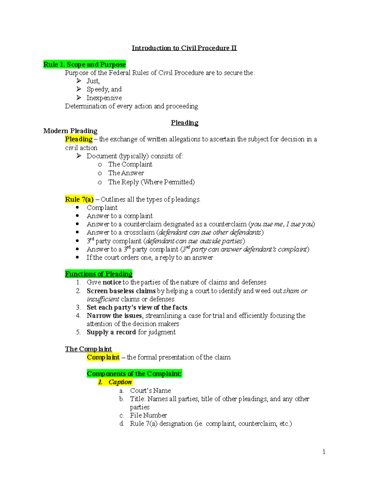 Civ Pro II SP2015 - Outline - Introduction To Civil Procedure II Rule 1 ...