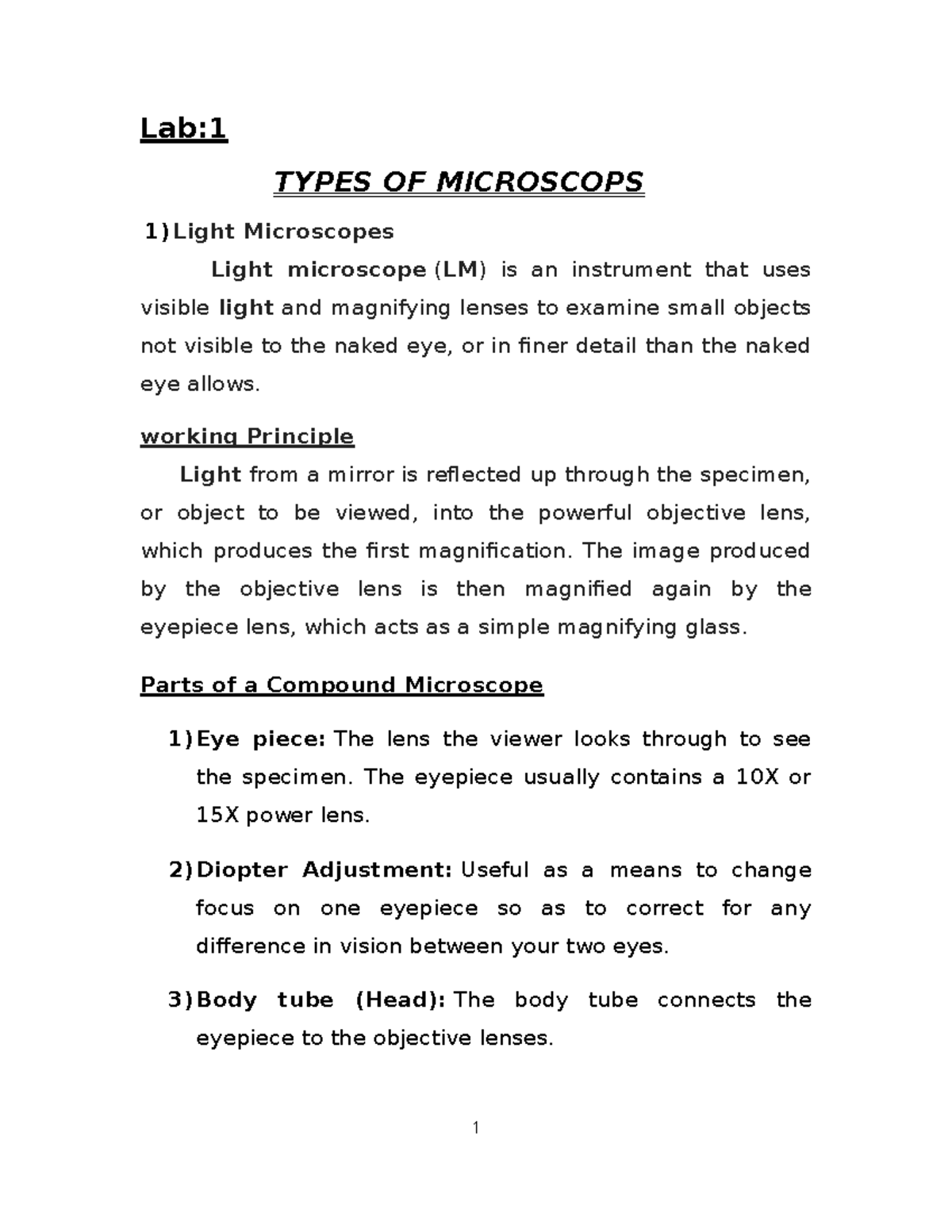 Cytology practical Lab TYPES OF MICROSCOPS Light Microscopes Light