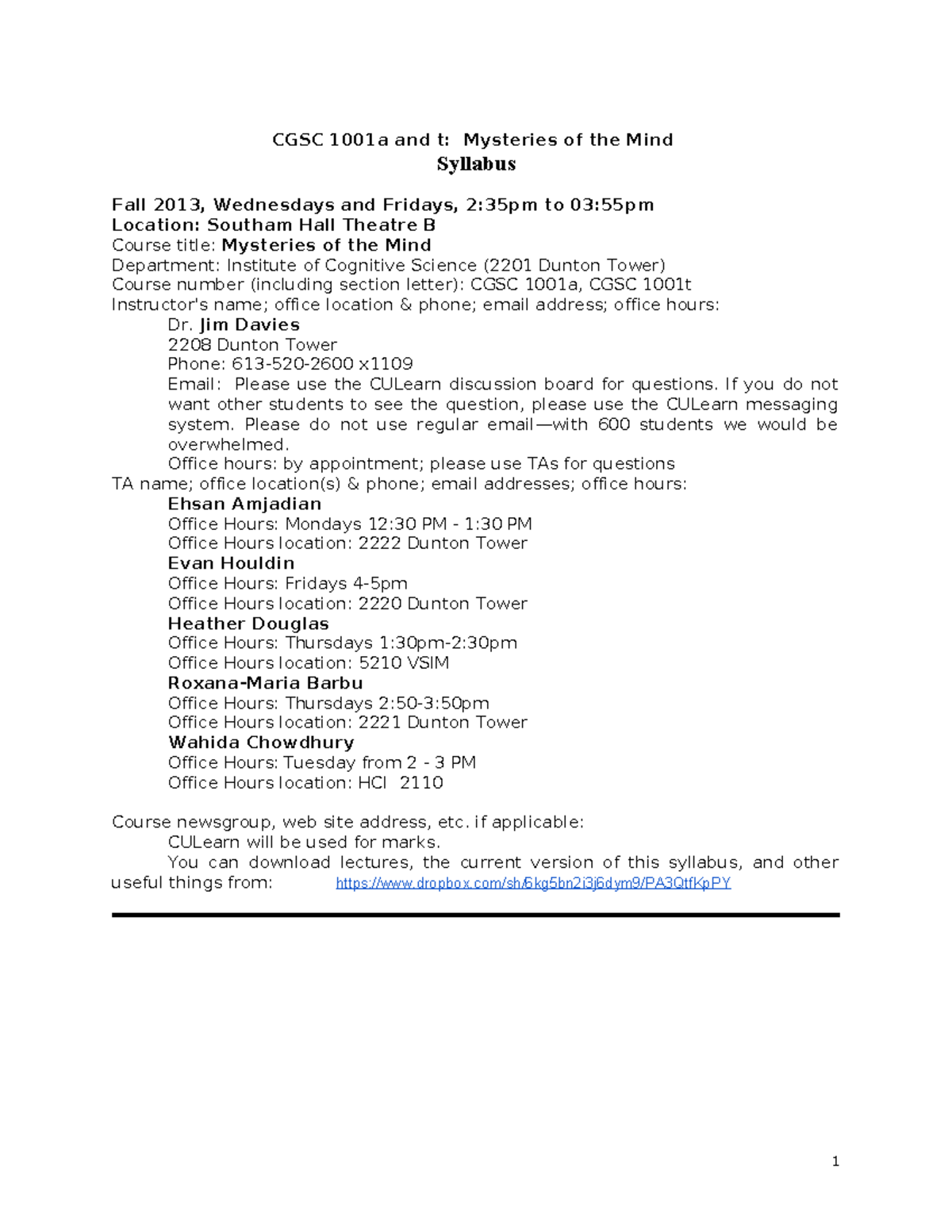 Course outline - CGSC 1001a and t: Mysteries of the Mind Syllabus Fall ...