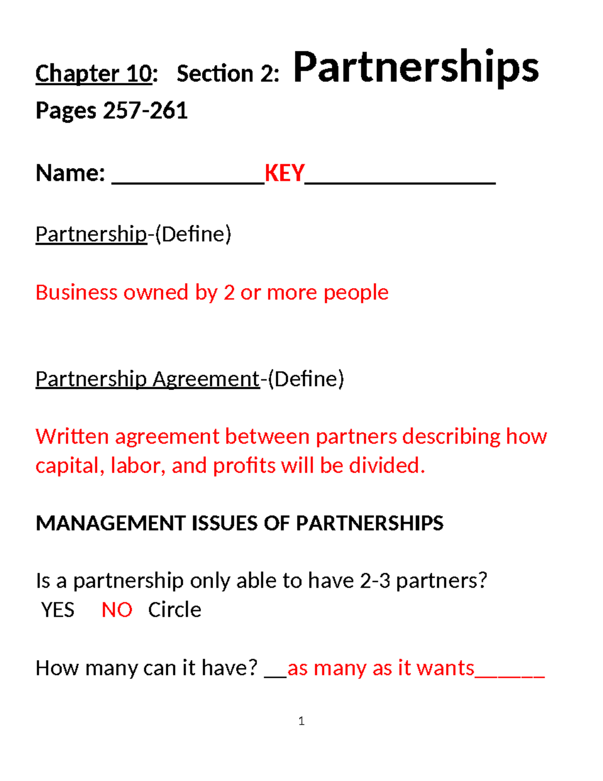 Chapter+10.2+Outline+KEY - Chapter 10: Section 2: Partnerships Pages ...