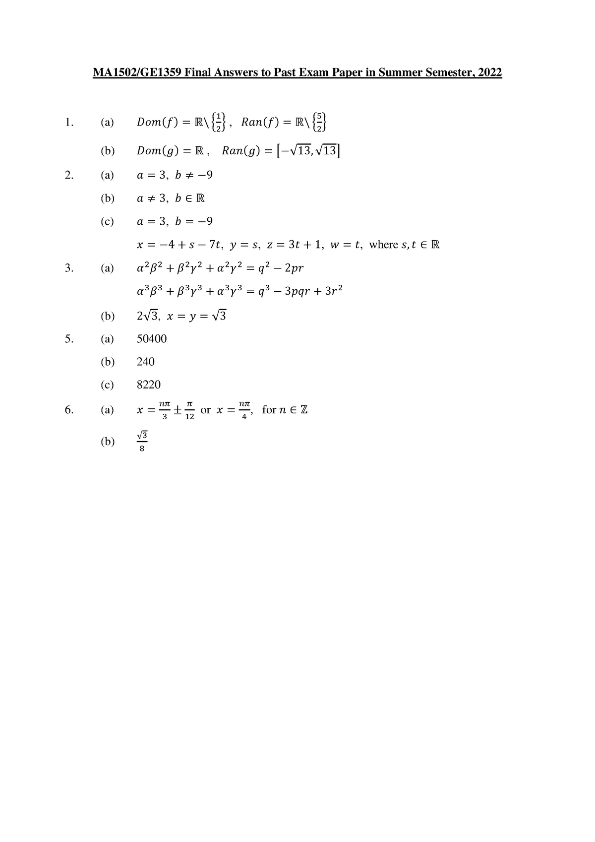 GE1359 Past Exam Summer 2022 Answers - MA1502/GE1359 Final Answers to ...