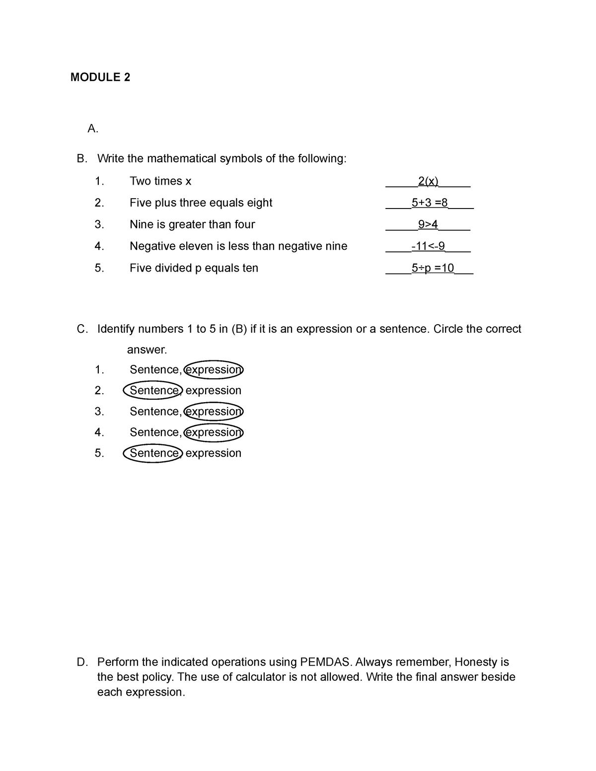 GE3 module 2 -BSIT 1A - MODULE 2 A. B. Write the mathematical symbols ...