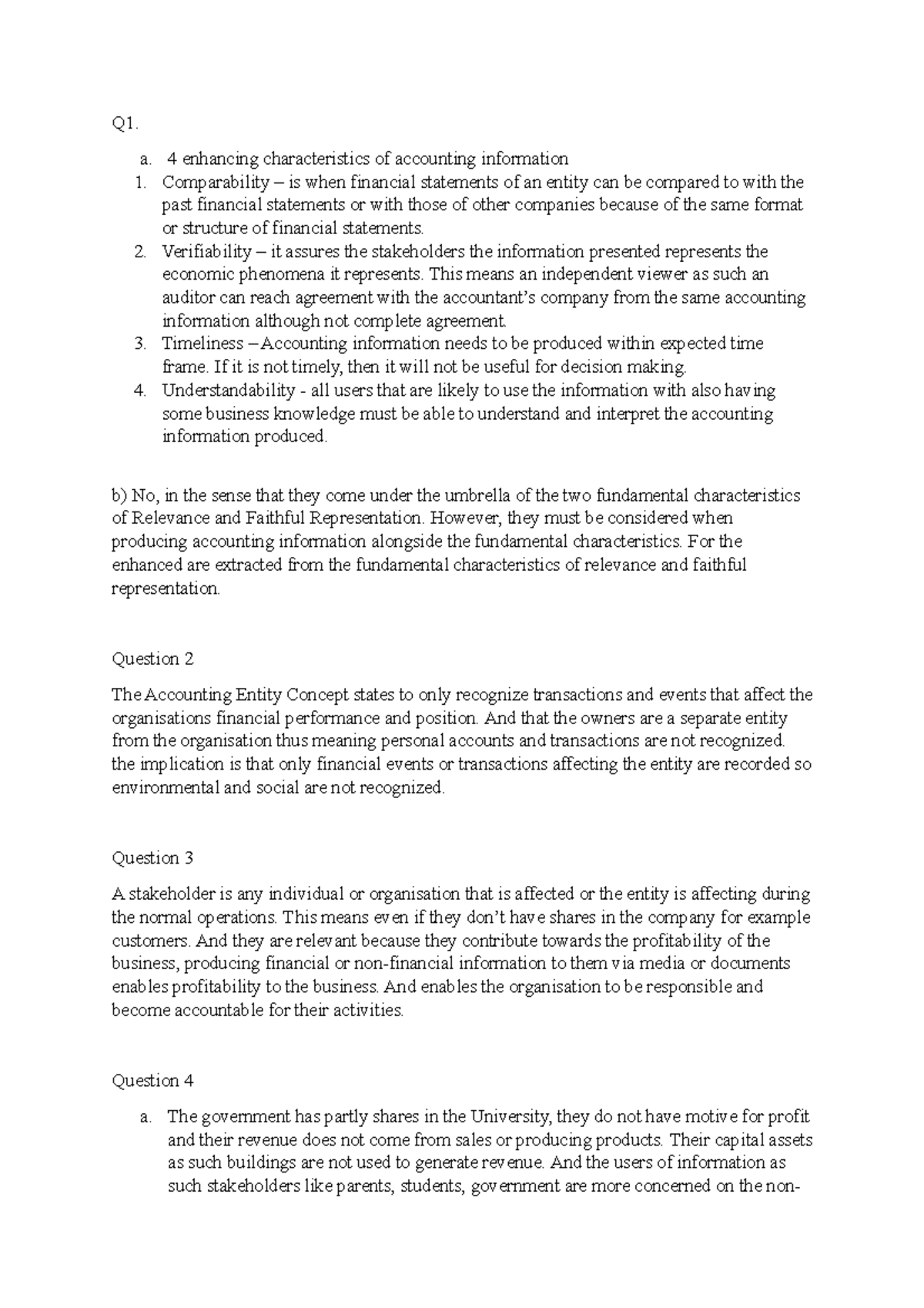 Accounting test 1 - Q1. a. 4 enhancing characteristics of accounting ...