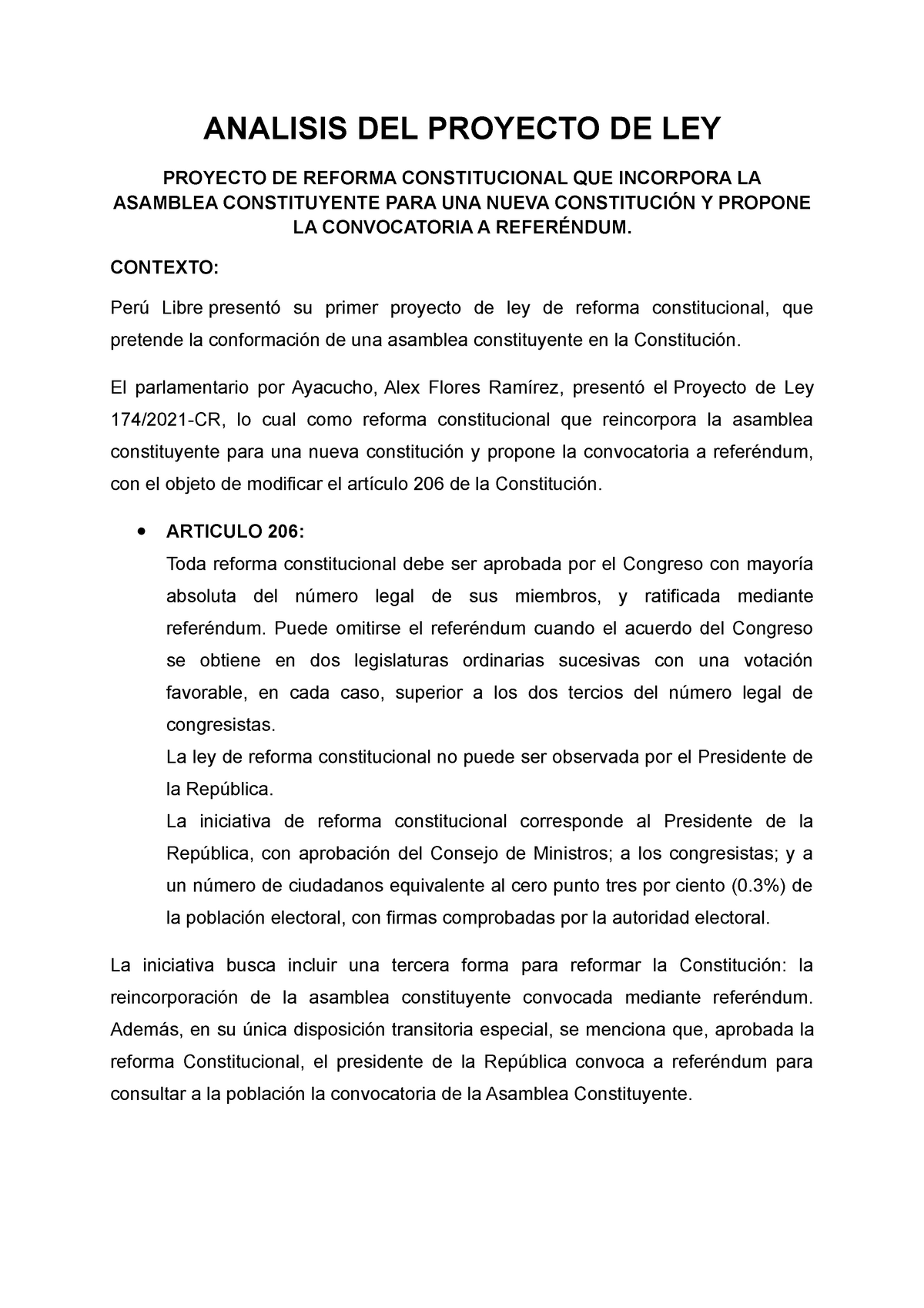Analisis DEL Proyecto DE LEY ANALISIS DEL PROYECTO DE LEY PROYECTO DE