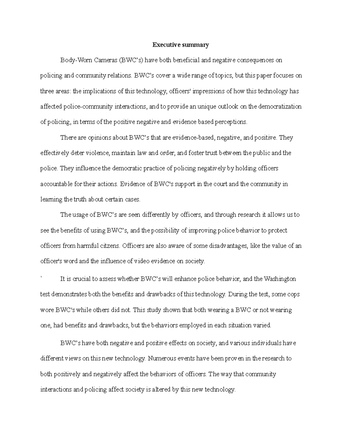 Execsum for CC291 - Executive summary Body-Worn Cameras (BWC’s) have ...