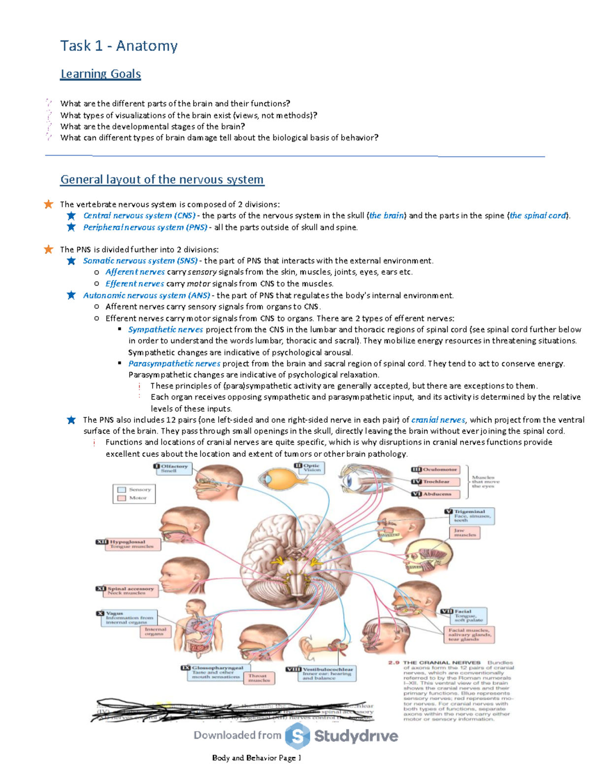 Task 1 - Anatomy - General layout of the nervous system The vertebrate ...