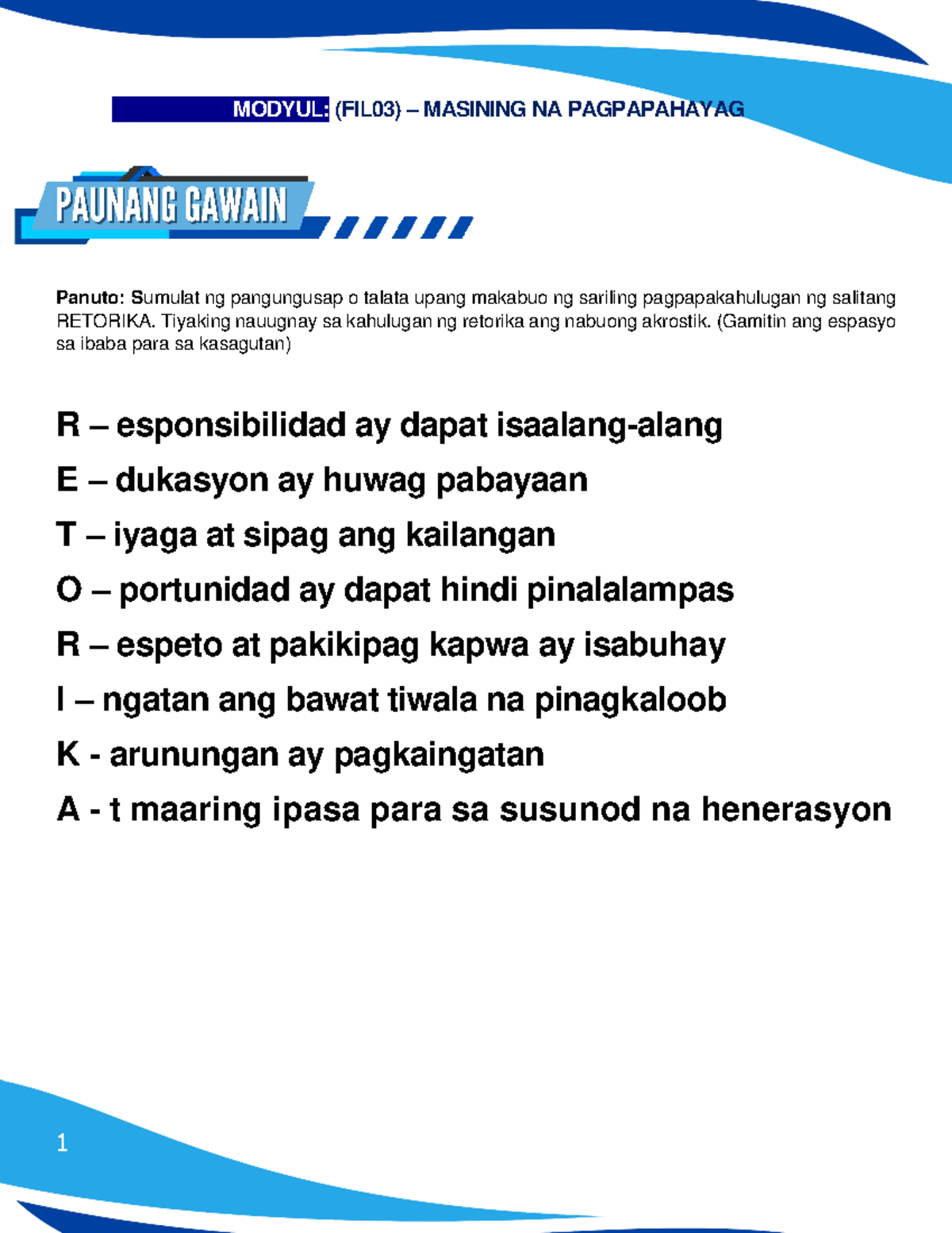 ACT 01 Filipino Akrostik RETORIKA 1 Panuto Sumulat ng