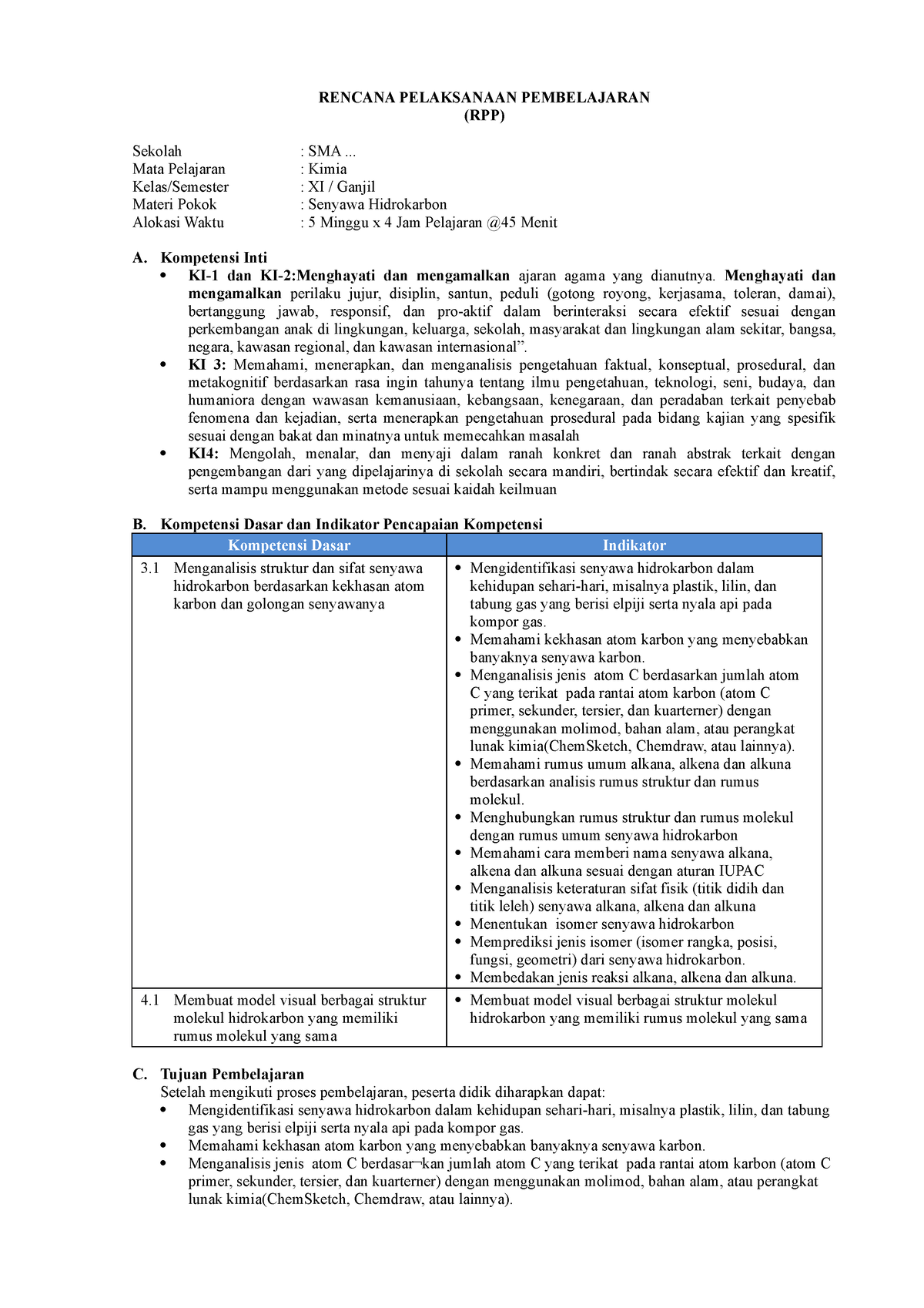 RPP 1 Senyawa Hidrokarbon - RENCANA PELAKSANAAN PEMBELAJARAN (RPP ...