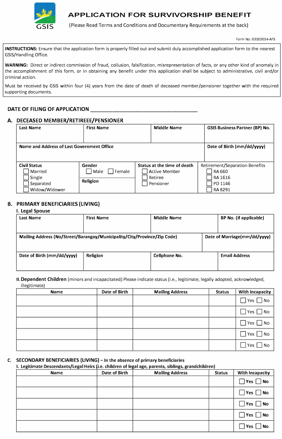 202004 03 Forms Afs Survivorship Gsis Form No Afs Instructions Ensure That The Application 9903