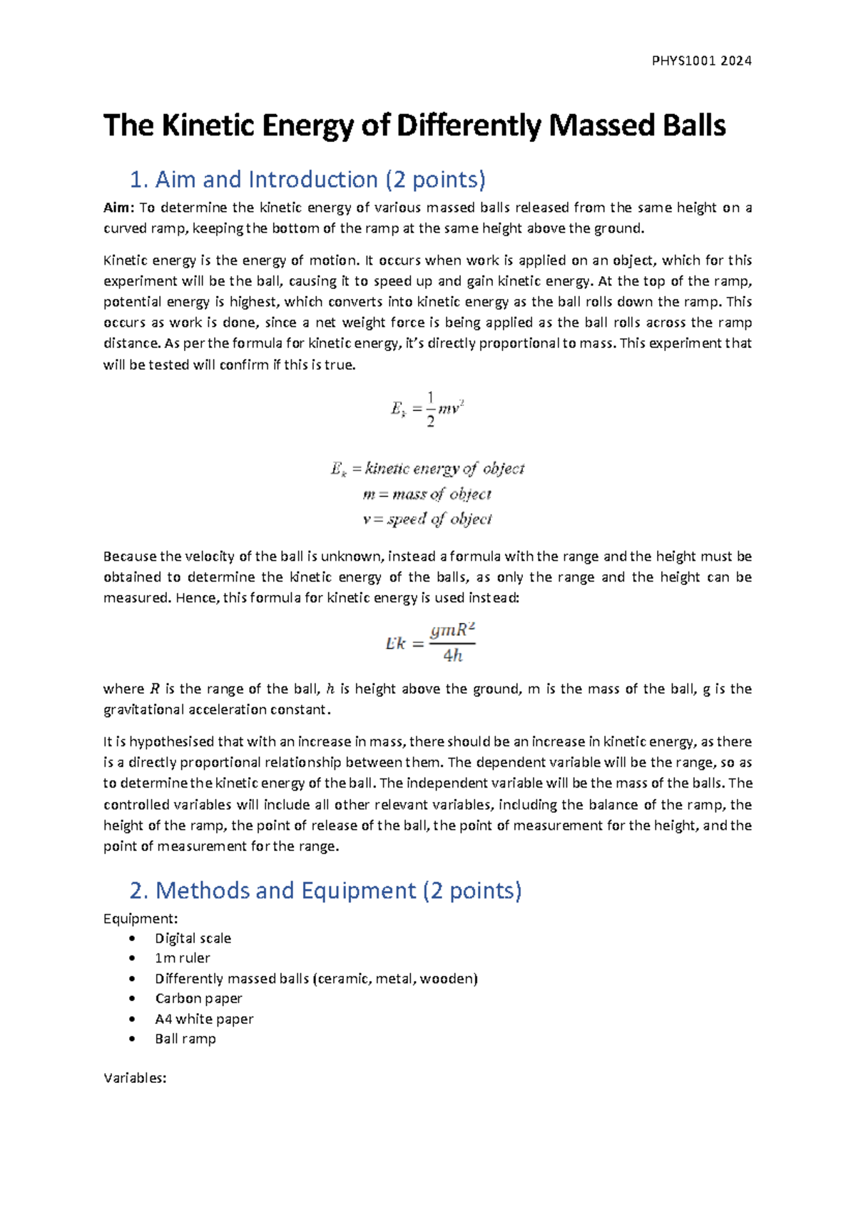 PHYS1001 Lab Report - The Kinetic Energy of Differently Massed Balls 1 ...