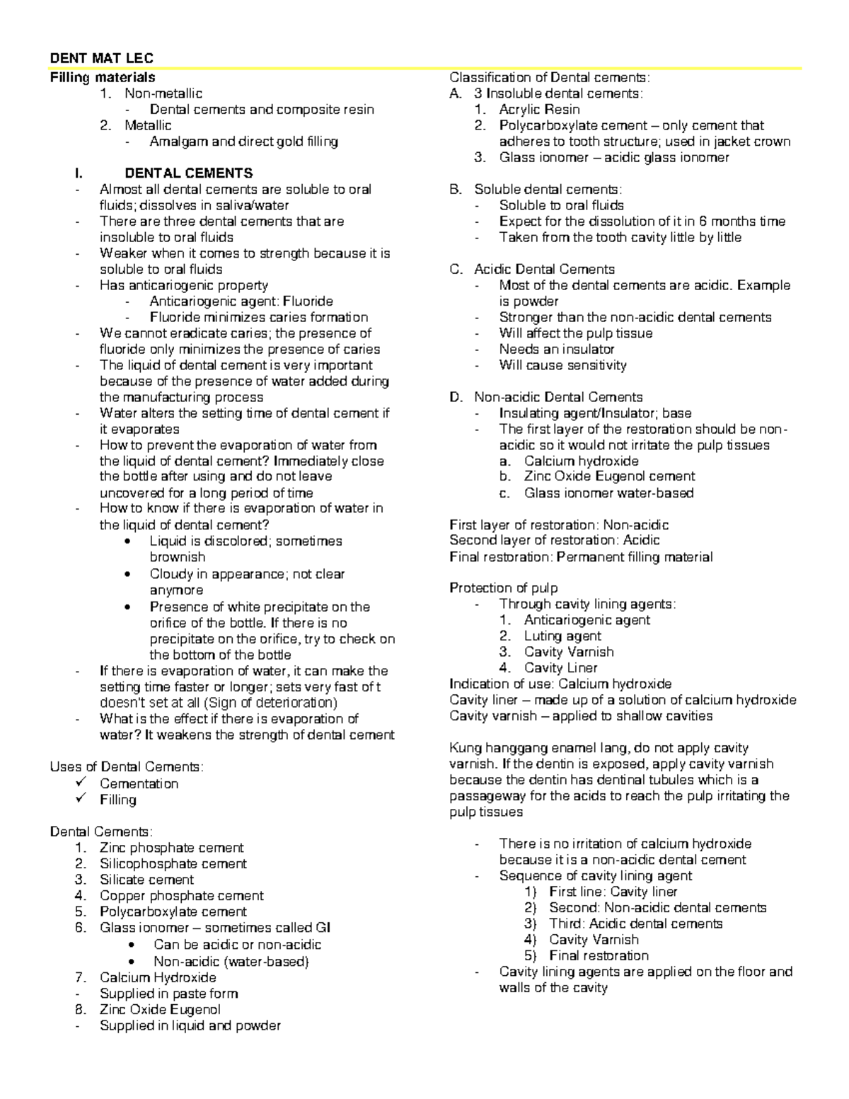 Dental Materials Filling materials 1. Nonmetallic Dental cements