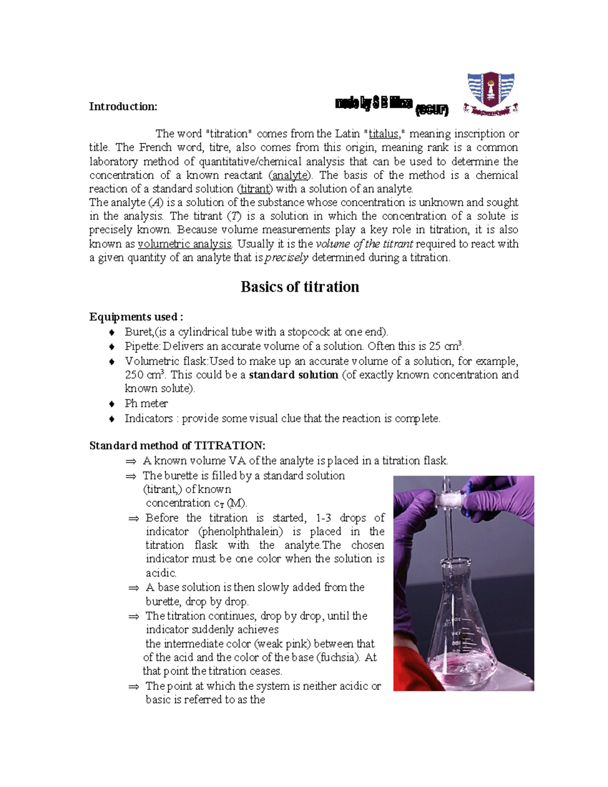 25357952 Types of Titration Introduction The word "titration" comes